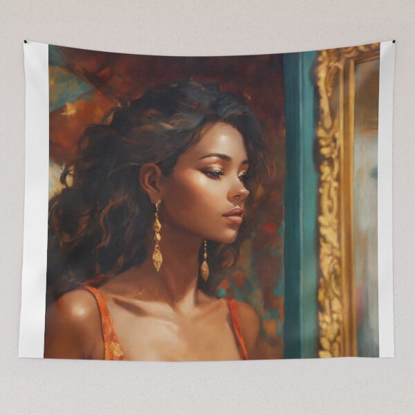 Item preview, A feminine woman looking at herself in the mirror designed and sold by TheCurlyOneArt.