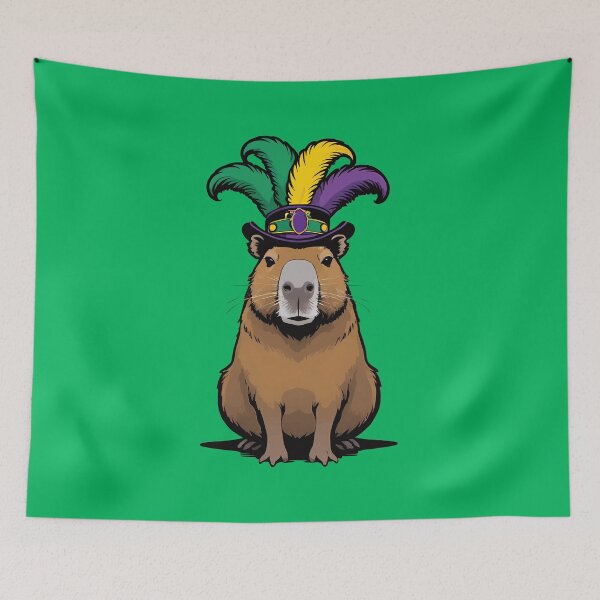 Artikelvorschau, Cappy Mardi Gras. Capybara mit bunten Federn. entworfen und verkauft von twisted-dot.