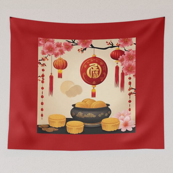 Item preview, Pot of Gold for a Happy Chinese New Year 2024 Gold Coins in a Pot with Lucky Mooncakes, Red Lantern Balls and Good Fortune Lotus Flowers Prosperous and Lucky Lunar New Year 2024 Year of the Dragon designed and sold by SEVENPRINTS.
