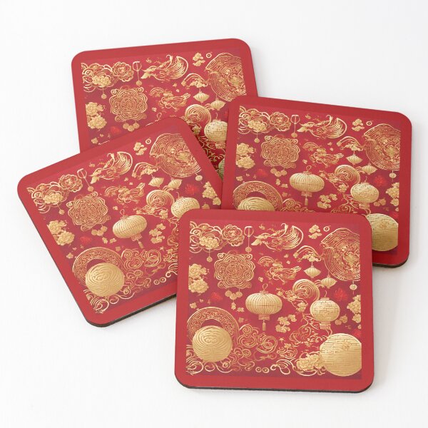 Item preview, Detailed and Elegant Gold and Red Chinese Lanterns and Gold Outline Chinese Flowers for a Happy Chinese New Year 2024  Good Fortune Prosperous and Lucky Lunar New Year 2024 Year of the Dragon designed and sold by SEVENPRINTS.
