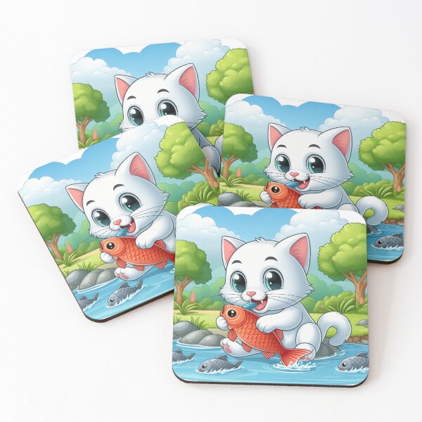 Item preview, White cat catching red fish on river.  designed and sold by MzulhilmiZam.