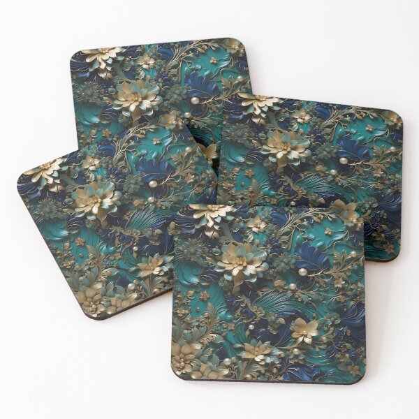 Item preview, Flowers and pearls in shades of blue, turquoise and gold - 3D relief #50 designed and sold by GoldenEraArt.