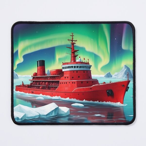 Item preview, Red icebreaker ship among icebergs in the waters of north pole sea.Northern lights at background designed and sold by Andrey-Myagkov.