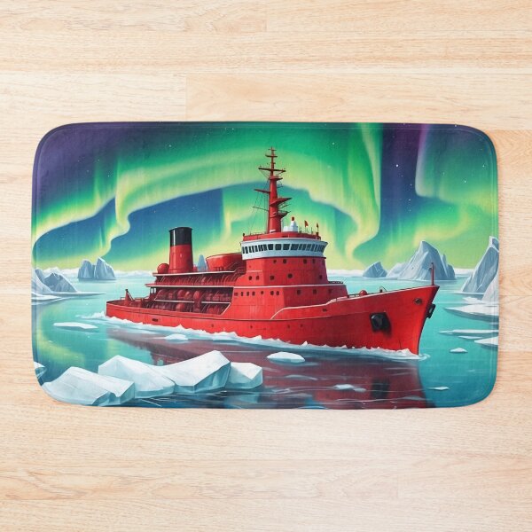 Item preview, Red icebreaker ship among icebergs in the waters of north pole sea.Northern lights at background designed and sold by Andrey-Myagkov.