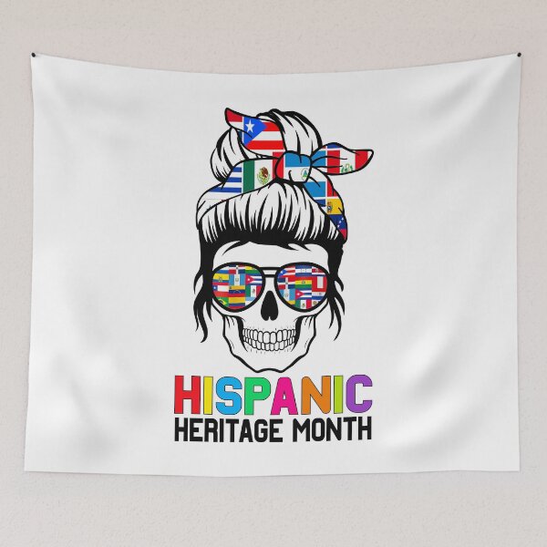 Item preview, Skeleton Messy Bun Women Shirt Hispanic Heritage Month Flags designed and sold by MobyStickers.