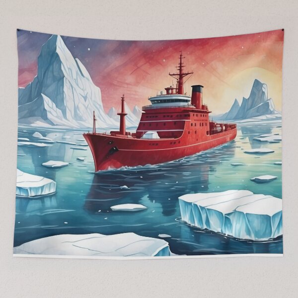 Item preview, Red icebreaker ship among icebergs in the waters of north pole sea.Red sunset  background designed and sold by Andrey-Myagkov.
