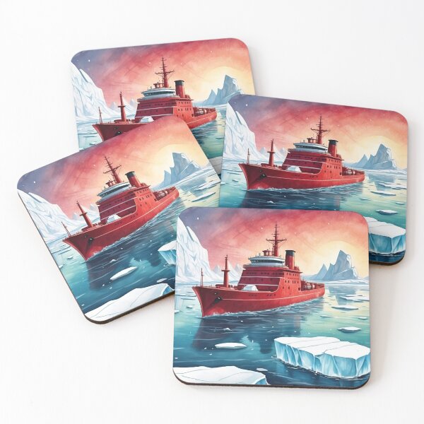 Item preview, Red icebreaker ship among icebergs in the waters of north pole sea.Red sunset  background designed and sold by Andrey-Myagkov.
