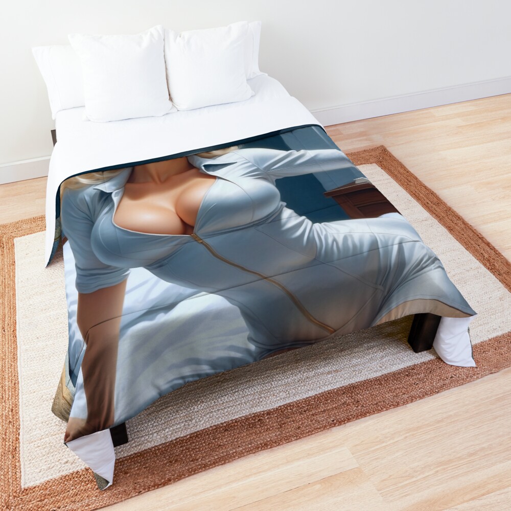 She Is Contemplating Her Future Stunning AI Concept Art Pin Up Girl Portrait by Xzendor7 Decorative Comforter Art Print