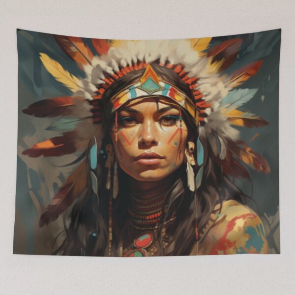 Item preview, Native American woman with feather headdress and paintings designed and sold by cristina1001.