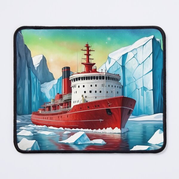 Item preview, Red icebreaker ship among icebergs in the waters of north pole sea.Northern lights at background designed and sold by Andrey-Myagkov.