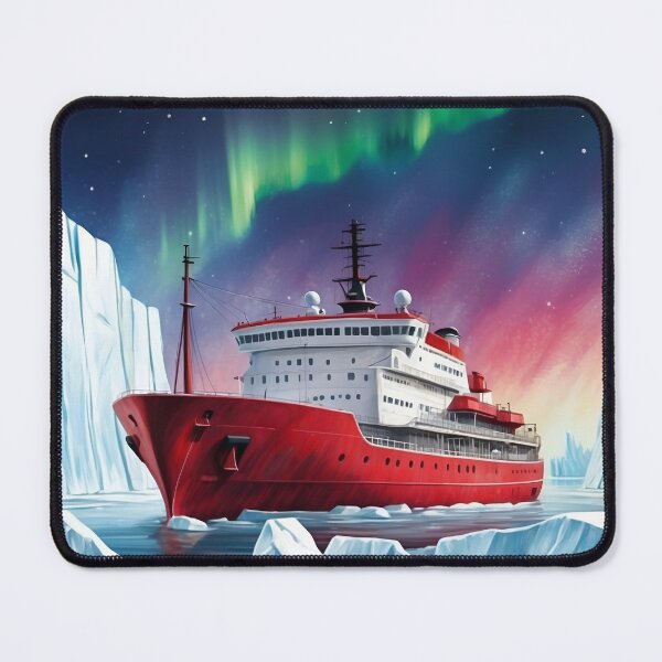 Item preview, Red icebreaker ship among icebergs in the waters of north pole sea.Northern lights at background designed and sold by Andrey-Myagkov.