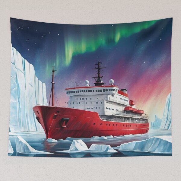 Item preview, Red icebreaker ship among icebergs in the waters of north pole sea.Northern lights at background designed and sold by Andrey-Myagkov.