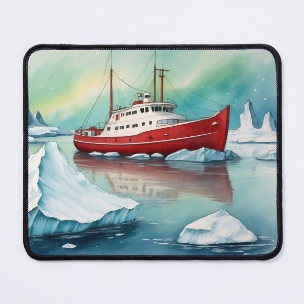 Item preview, Red icebreaker ship among icebergs in the waters of north pole sea.Northern lights at background designed and sold by Andrey-Myagkov.