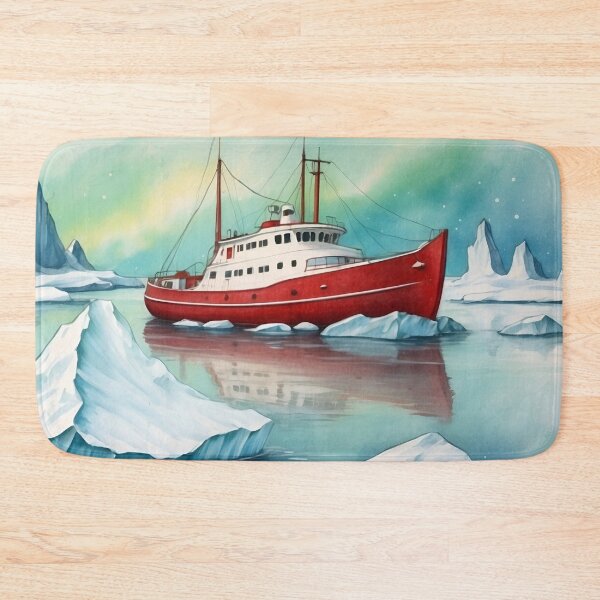 Item preview, Red icebreaker ship among icebergs in the waters of north pole sea.Northern lights at background designed and sold by Andrey-Myagkov.
