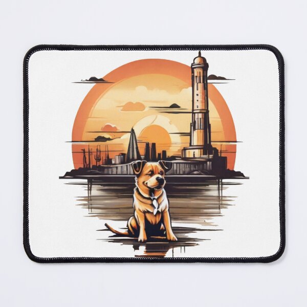 Artikelvorschau,  Hund sitzt neben einem Leuchtturm entworfen und verkauft von Karaz's Animal Kingdom.