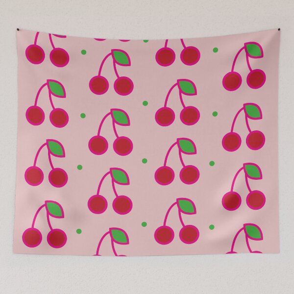 Item preview, Pattern with cherry fruits with green leaves pink background vector illustration. designed and sold by Denisse diseno.