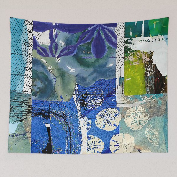 Item preview, Sand Dollar Sea Abstract Collage in Teal, Cobalt Blue, Green, Beige designed and sold by Sheree Burlington.