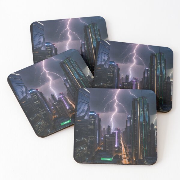 Item preview, Cityscape under storm, lightning illuminating dark cloudy skies. designed and sold by ArtComixHaven.