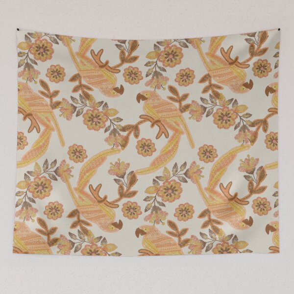 Item preview, Embroidered style print with orange parrots on a textured background designed and sold by RODRIGORo.
