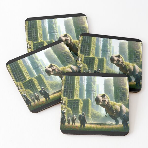 Item preview, Overgrown ruins with dinosaur and futuristic human explorers. designed and sold by ArtComixHaven.