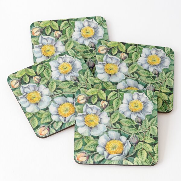 Item preview, Watercolor white wild rose hip flowers with green leaves. designed and sold by NadyaSaen.