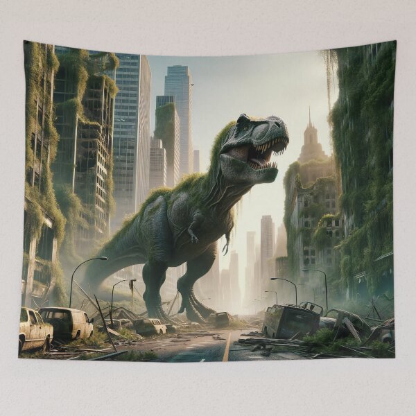 Item preview, Tyrannosaurus Rex roaming an overgrown, abandoned urban landscape. designed and sold by ArtComixHaven.