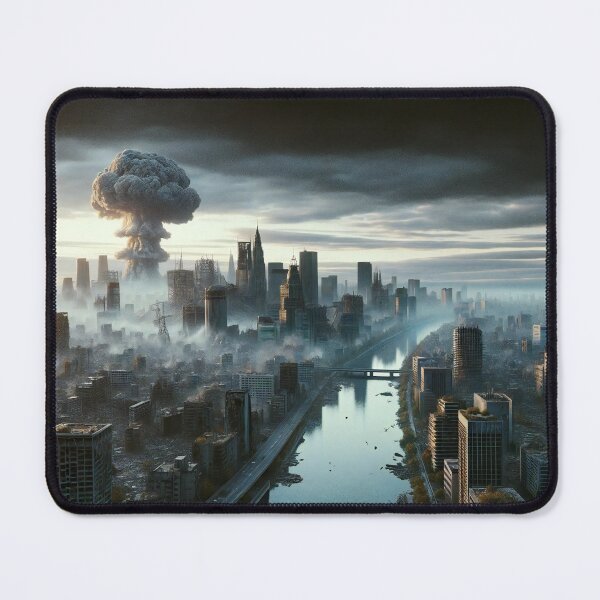 Item preview, Nuclear mushroom cloud rising above desolate cityscape at dawn. designed and sold by ArtComixHaven.