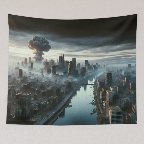 Item preview, Nuclear mushroom cloud rising above desolate cityscape at dawn. designed and sold by ArtComixHaven.