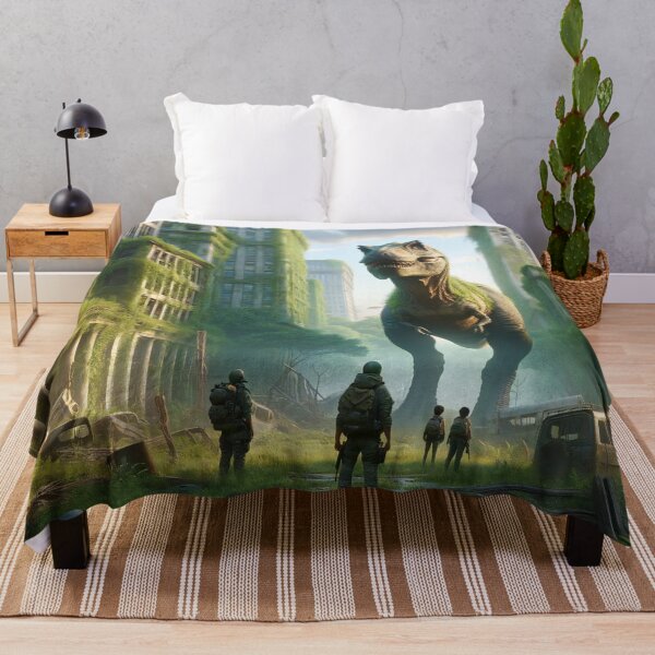 Item preview, Tyrannosaurus Rex confronts humans in overgrown city ruins. designed and sold by ArtComixHaven.