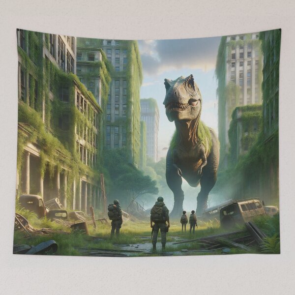 Item preview, Tyrannosaurus Rex confronts humans in overgrown city ruins. designed and sold by ArtComixHaven.