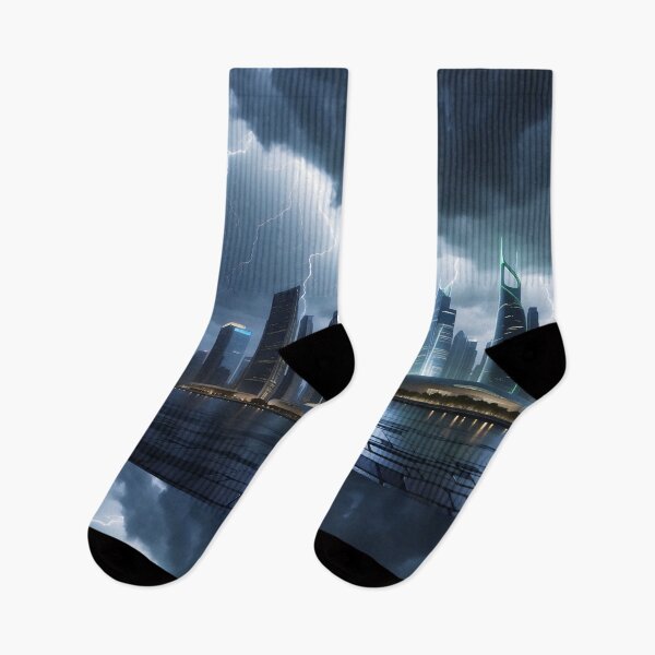 Item preview, Stormy night over futuristic cityscape with striking lightning. designed and sold by ArtComixHaven.
