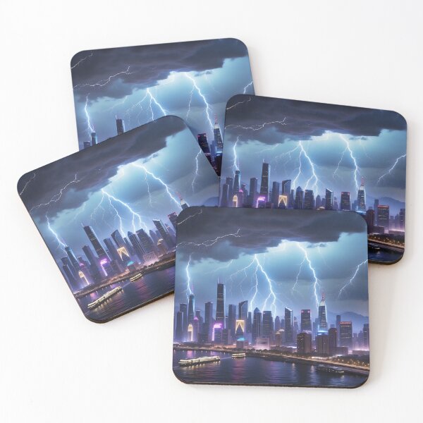 Item preview, Intense lightning storm over modern cityscape at dusk. designed and sold by ArtComixHaven.
