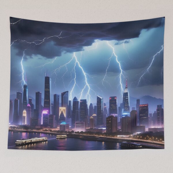 Item preview, Intense lightning storm over modern cityscape at dusk. designed and sold by ArtComixHaven.