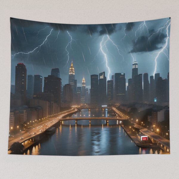 Item preview, Vivid lightning storm over cityscape with rain showers. designed and sold by ArtComixHaven.
