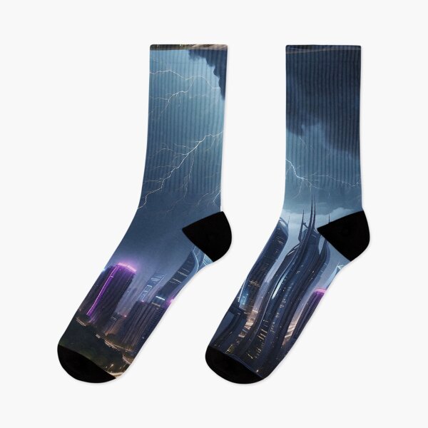 Item preview, Electric lightning web over neon-lit futuristic skyline. designed and sold by ArtComixHaven.