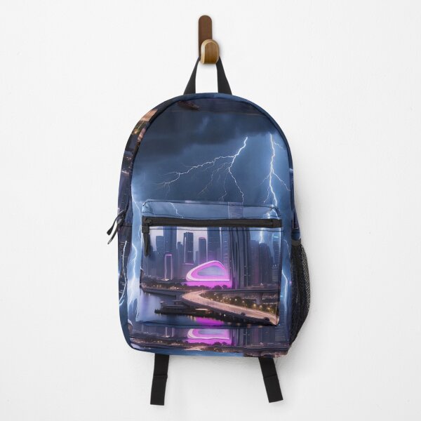 Item preview, Dramatic lightning over a neon-lit waterfront cityscape. designed and sold by ArtComixHaven.
