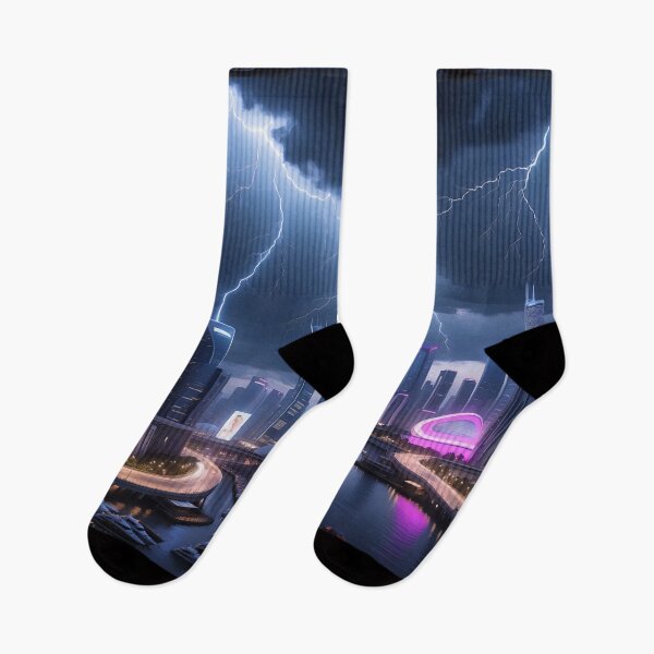 Item preview, Dramatic lightning over a neon-lit waterfront cityscape. designed and sold by ArtComixHaven.