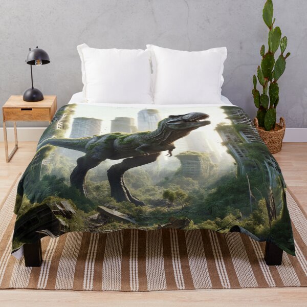 Item preview, T rex roaming through a sunlit overgrown cityscape. designed and sold by ArtComixHaven.