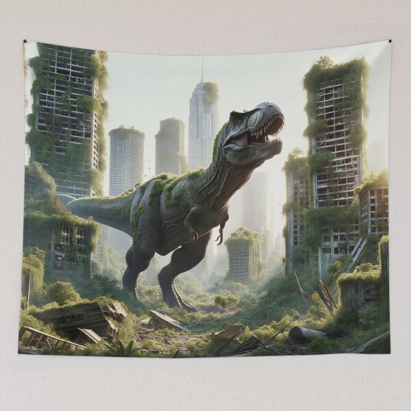 Item preview, T rex roaming through a sunlit overgrown cityscape. designed and sold by ArtComixHaven.