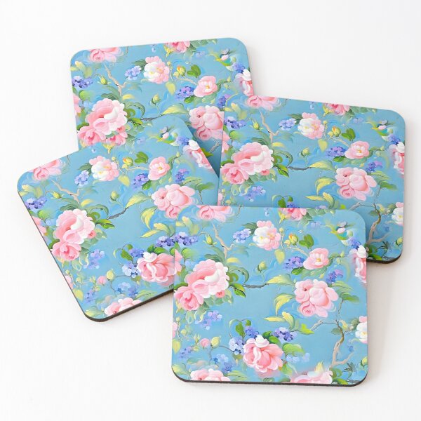 Item preview, Elegant chinoiserie roses and forget me nots on French blue designed and sold by SophieClimaArt.