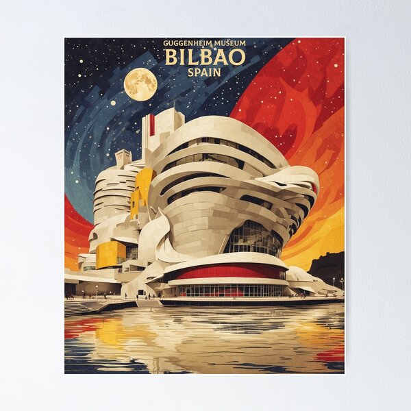 Item preview, Bilbao Guggenheim Spain Starry Night and Moon Tourism Vintage Poster designed and sold by TravelersGems.