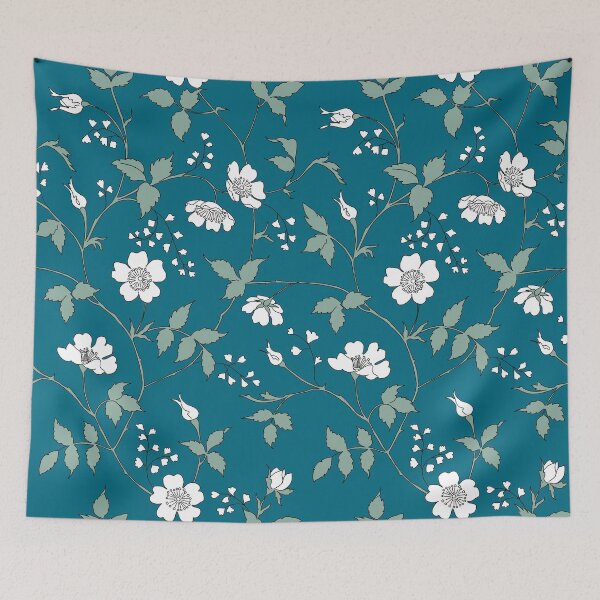 Item preview, Blossoms and vines on blue green background designed and sold by Erinelyse827.