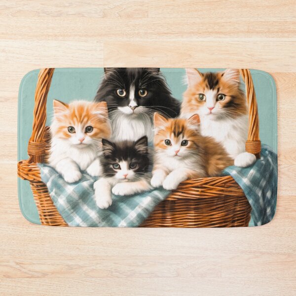 Item preview, Norwegian long-haired cat, in a wicker basket with her little kittens designed and sold by janjacbu.