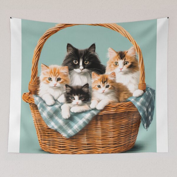 Item preview, Norwegian long-haired cat, in a wicker basket with her little kittens designed and sold by janjacbu.