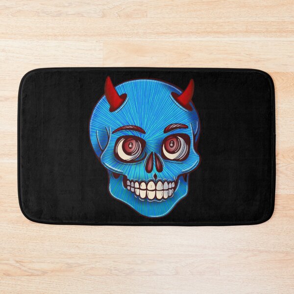 Item preview, Cute Mexican style skull with red devil horns and blue stripes designed and sold by DaveDanchuk.