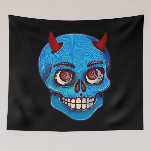 Item preview, Cute Mexican style skull with red devil horns and blue stripes designed and sold by DaveDanchuk.