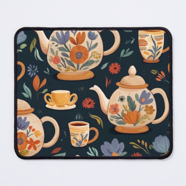 Item preview, A handdrawn pattern featuring tea pots/tea kettles, stacks of books, teacups, and flowers. designed and sold by brokenpones.