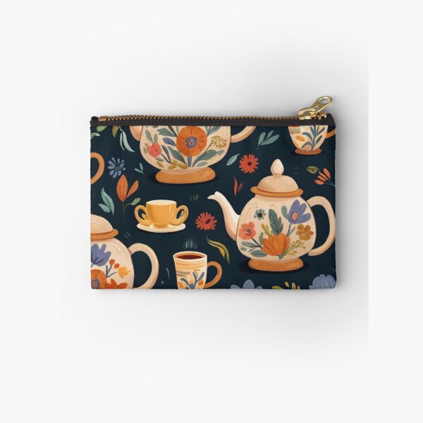 Item preview, A handdrawn pattern featuring tea pots/tea kettles, stacks of books, teacups, and flowers. designed and sold by brokenpones.