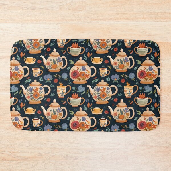 Item preview, A handdrawn pattern featuring tea pots/tea kettles, stacks of books, teacups, and flowers. designed and sold by brokenpones.