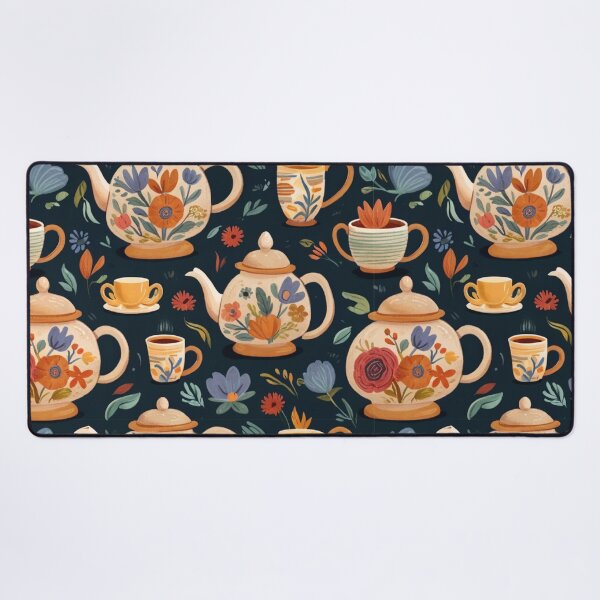 Item preview, A handdrawn pattern featuring tea pots/tea kettles, stacks of books, teacups, and flowers. designed and sold by brokenpones.